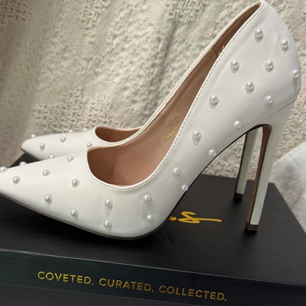 Lulu's White Pearl-Embellished Pointed Toe Stiletto Heels